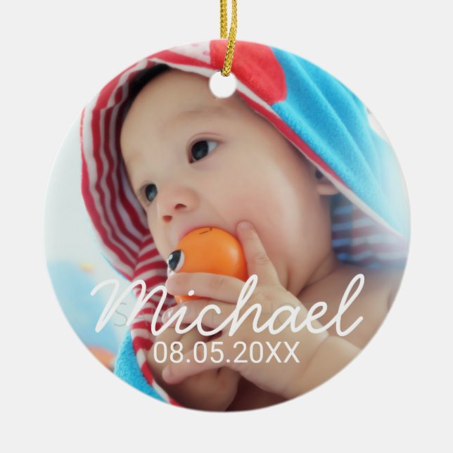 Custom Photo with Name and Date Ceramic Tree Decoration (Front)