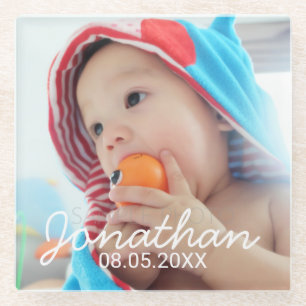 Custom Photo with Name and Date Glass Coaster