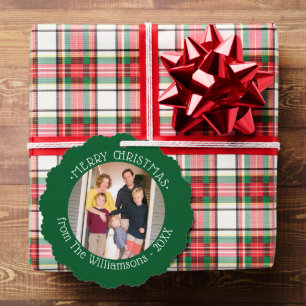 Custom Photo with Name Green Border Christmas Tree Decoration Card