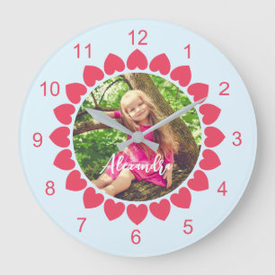 Custom Photo with Peachy Hearts Circle Large Clock