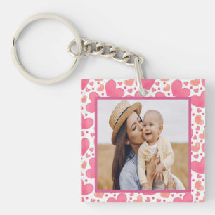 Custom photo with pink hearts background key ring