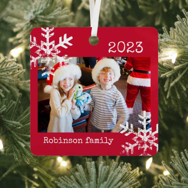 Custom Photo with Snowflakes Red Metal Tree Decoration (Insitu)