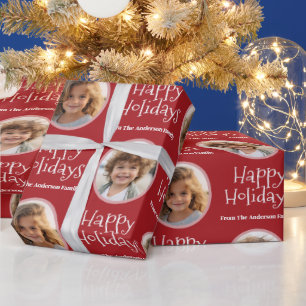 Custom Photo with Whimsical Happy Holidays - Red Wrapping Paper