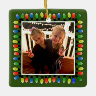 Custom Photo Xmas Lights Back Message Green Ceramic Ornament
