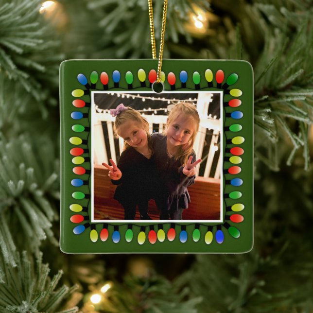 Custom Photo Xmas Lights on Green Double Sided Ceramic Ornament (Tree)