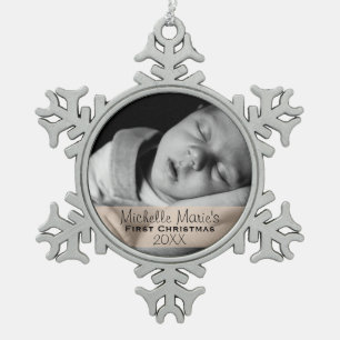 Custom Photo Year Baby's First Christmas Snowflake Pewter Christmas Ornament
