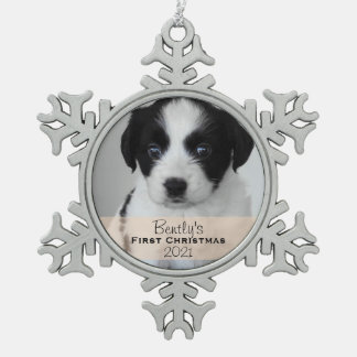 Custom Photo Year Puppy's First Christmas Snowflake Pewter Christmas Ornament