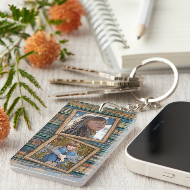 Custom Photographs On Rustic Wooden Planks Pattern Key Ring (Front Right)