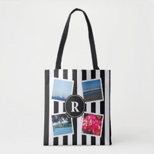 Custom photos and black stripes monogram design tote bag