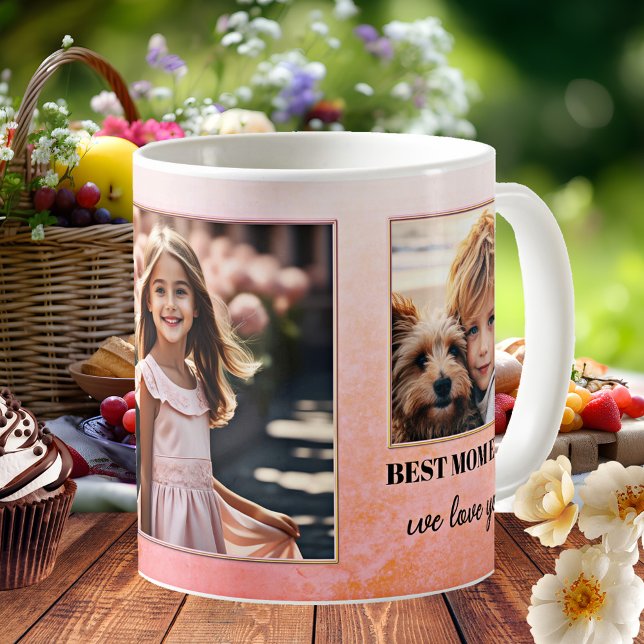 Custom Photos Best Mum Ever Pink Orange Coffee Mug (Mug featuring custom photos on a pink orange retro design. Nice as a gift for Mother's Day)