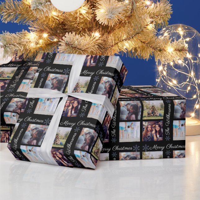 Custom Photos & Family Name Black Merry Christmas Wrapping Paper (Holidays)