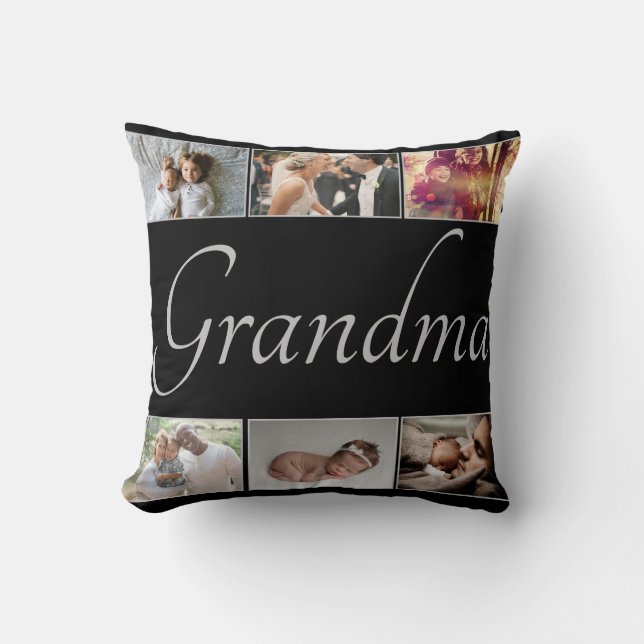 Custom Photos for Grandma Script on Black Cushion (Front)