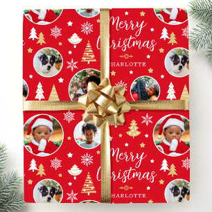 Custom Photos & Name Christmas Trees Red Wrapping Paper