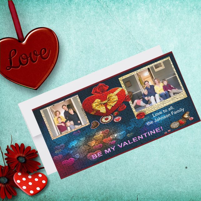Custom Photos & Name Heart Be My Valentine Mosaic Holiday Card (Creator Uploaded)