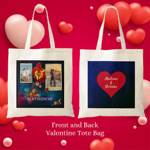 Custom Photos & Name Heart Be My Valentine Mosaic Tote Bag