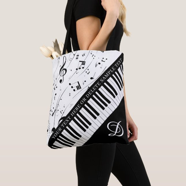 Custom Piano Music Notes Monogram Black White Tote Bag (Close Up)