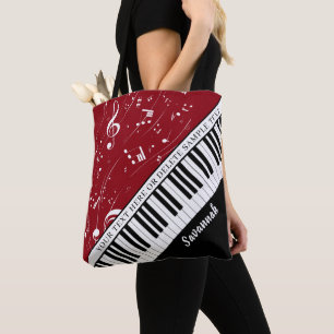 Custom Piano Music Notes Script Name Black Red Tote Bag