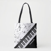 Custom Piano Music Notes Script Name Black White Tote Bag (Front)