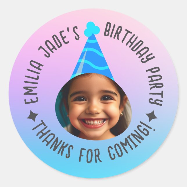 Custom Pic Name Birthday Thanks Party Hat Gradient Classic Round Sticker (Front)