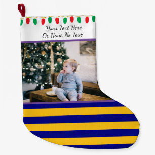 Custom Pic/Text Blue Gold W.V. Stripes and Lights Large Christmas Stocking