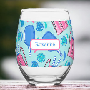 Custom Pickleball Paddles & Balls Blue Preppy Stemless Wine Glass