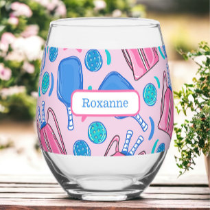 Custom Pickleball Paddles & Balls Pink Preppy  Stemless Wine Glass