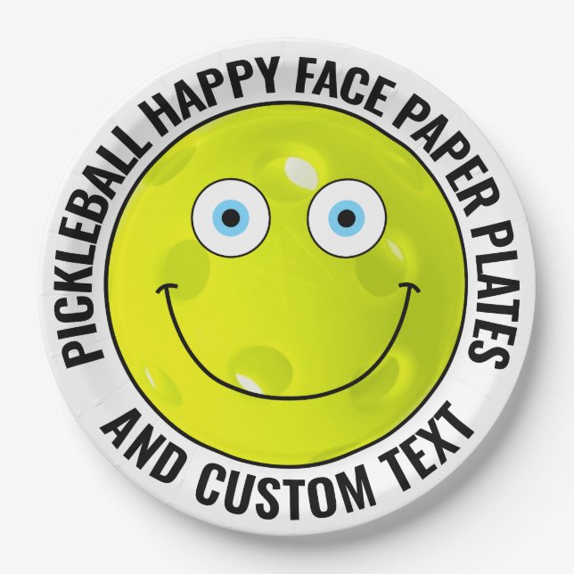 Custom Pickleball Party BLUE EYES Happy Face 9" Paper Plate (Front)