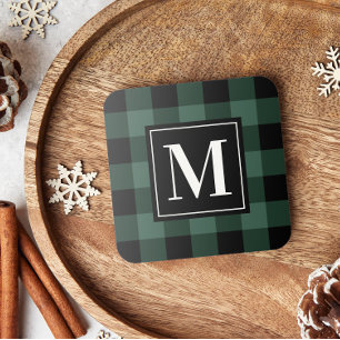 Custom Pine Green and Black Buffalo Plaid Monogram Coaster