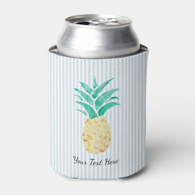 Custom Pineapple Painting Coastal Blue Stripe Can Cooler (Can Front)