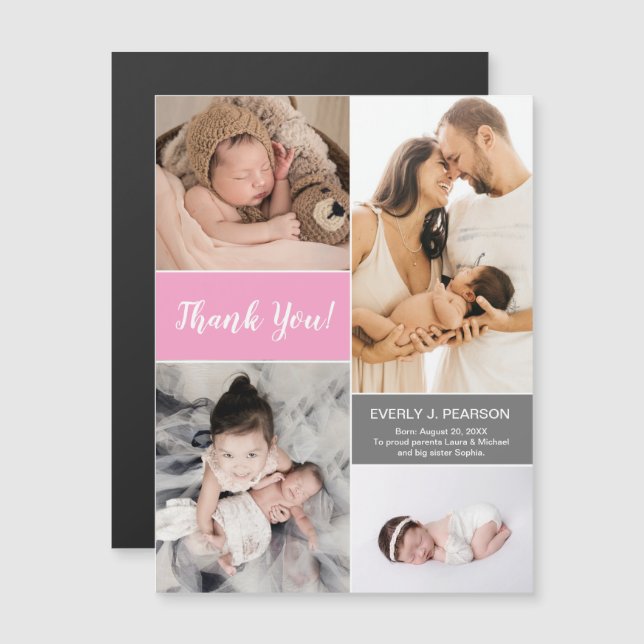 Custom Pink 2nd Baby girl Photo Collage Thank you Magnetic Invitation (Front/Back)