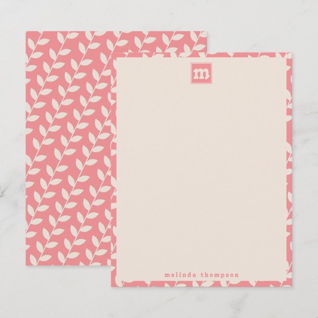 Custom Pink 70s Retro Leaf Pattern Monogram Card (Front/Back)