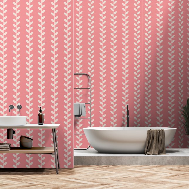 Custom Pink 70s Retro Leaf Pattern Wallpaper (Bathroom)