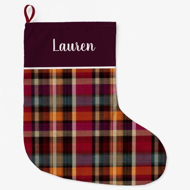 Custom Pink and Orange Plaid Gingham Pattern  Large Christmas Stocking (Front)