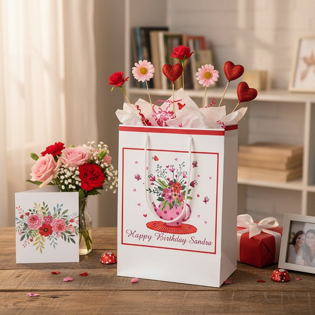 Custom pink and red  floral teapot medium gift bag (Creator Uploaded)