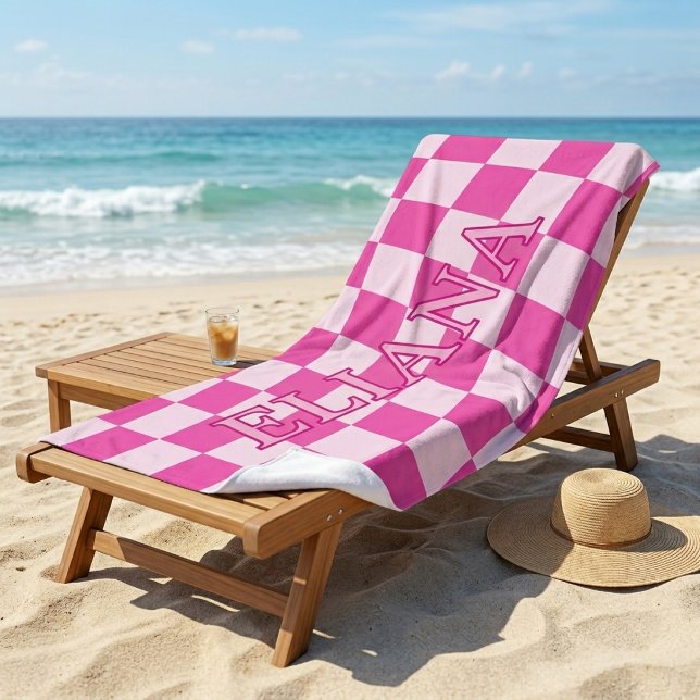 Custom Pink and White Chequered Name Beach Towel (Creator Uploaded)