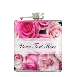Custom Pink and White Roses Hip Flask