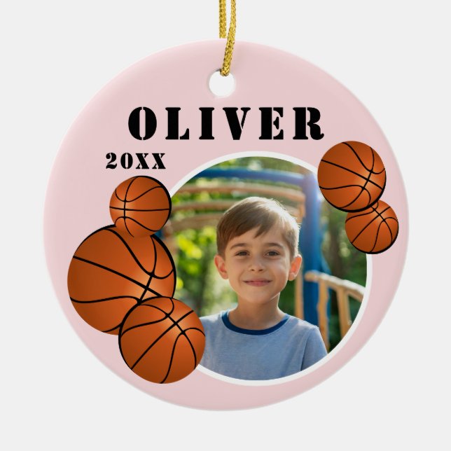Custom Pink Basketball Ball Sports Photo Ceramic Tree Decoration (Front)