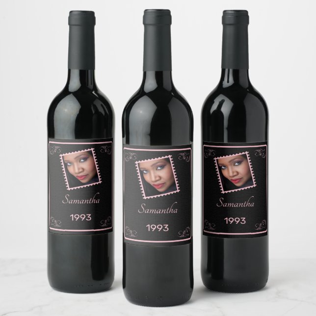 Custom Pink Black Photo Birthday Wine Label (Bottles)