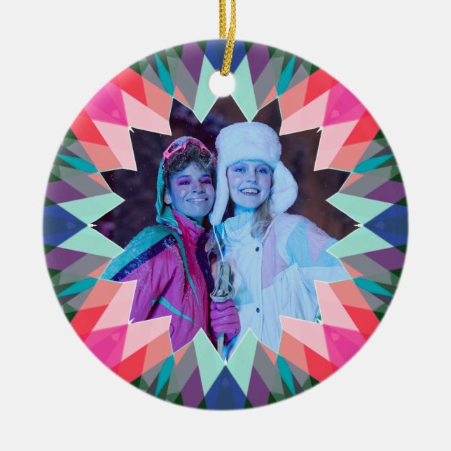 Custom Pink Blue Christmas Star Photo Gift Tree Ceramic Tree Decoration (Front)