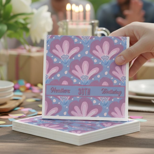 Custom Pink Blue Watercolor Floral Birthday Napkin (Hand painted pink and blue flowers with an area to customize make these paper napkins chic and cute)