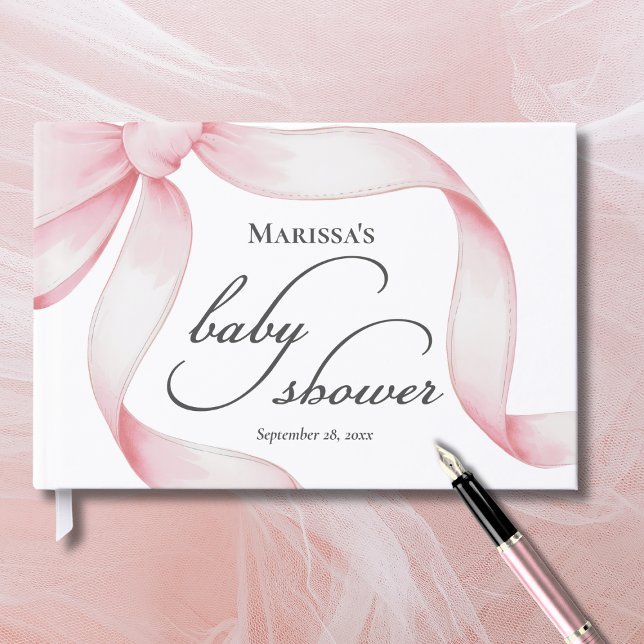 Custom Pink Bow Baby Shower Guest Book (sweet girly coquette pink bow baby girl shower guest book with script calligraphy, custom name date)