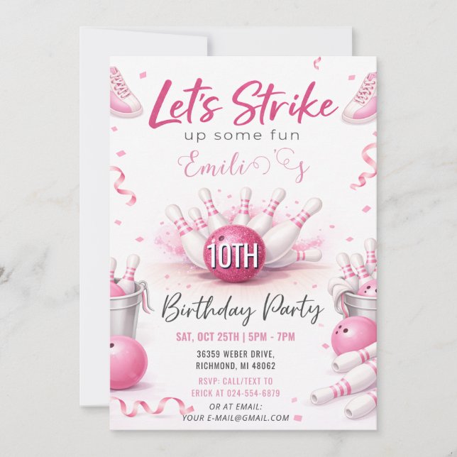 Custom Pink bowling Birthday Invitation (Front)