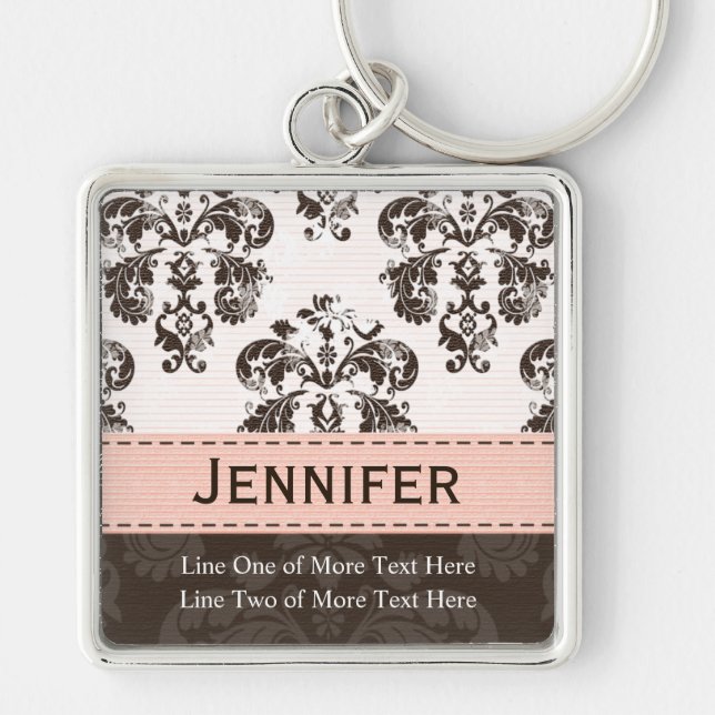 Custom Pink Brown Damask Photo Keychain Keyring (Front)