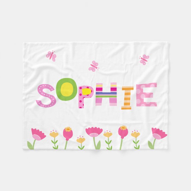 Custom Pink Butterflies, Flowers Your Girl's Name Fleece Blanket (Front (Horizontal))