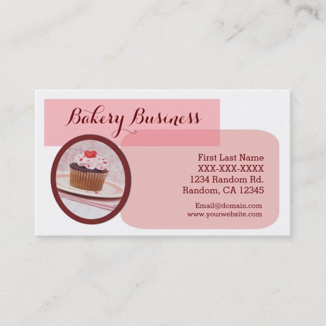 Custom pink cupcake bakery business cards (Front)
