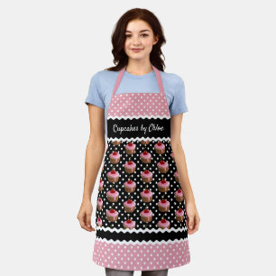 Custom Pink Cupcakes Polkadots Pattern On Black Apron