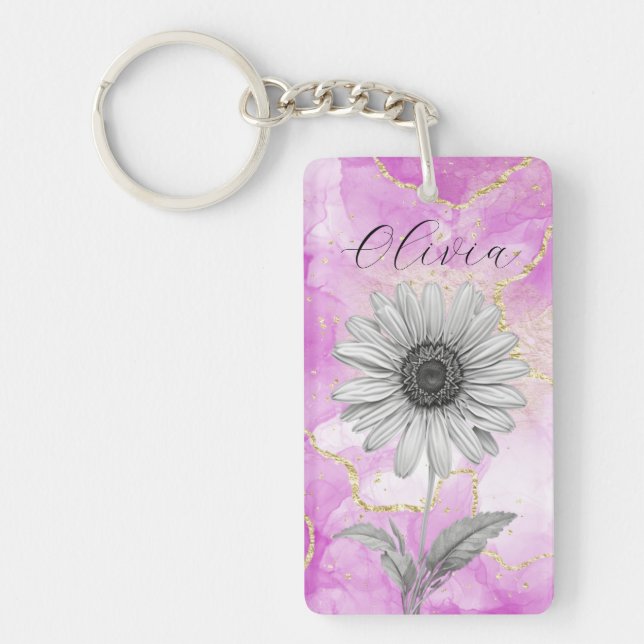 Custom Pink Daisy Flower Key Ring (Front)