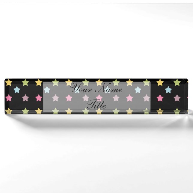 Custom Pink Desk Name Plate Black Colourful Stars (Front)