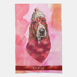 Custom Pink Dog Lover Valentine Gift Basset Hound Tea Towel