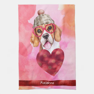 Custom Pink Dog Lover Valentine Gift Beagle Tea Towel